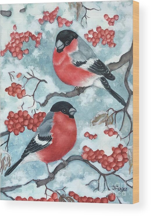 Bird Watercolor Wood Print featuring the painting Bullfinch Couple by Inese Poga