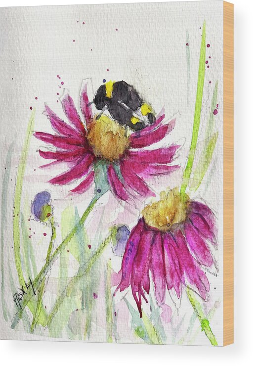 Bee Painting Wood Print featuring the painting Bumble Bee in the Coneflowers by Roxy Rich