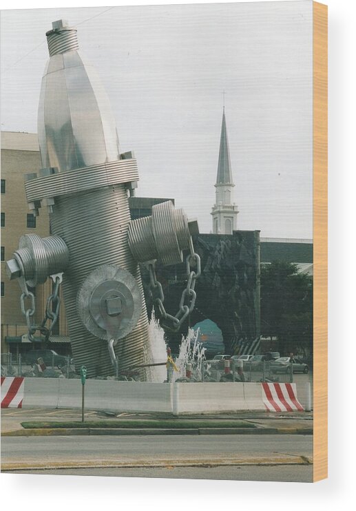 Public Art Wood Print featuring the sculpture Busted Plug Plaza by Blue Sky