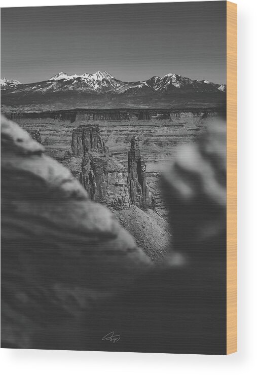  Wood Print featuring the photograph Canyonpeering BW D by William Boggs