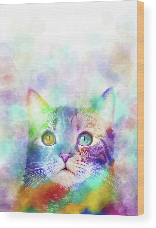 Cat Wood Print featuring the digital art Cat 663 multicolor cat by artist Lucie Dumas by Lucie Dumas