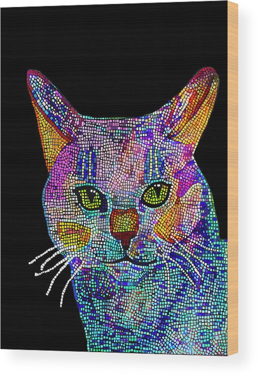 Cat Wood Print featuring the mixed media Cat Mosaic by Deborah League