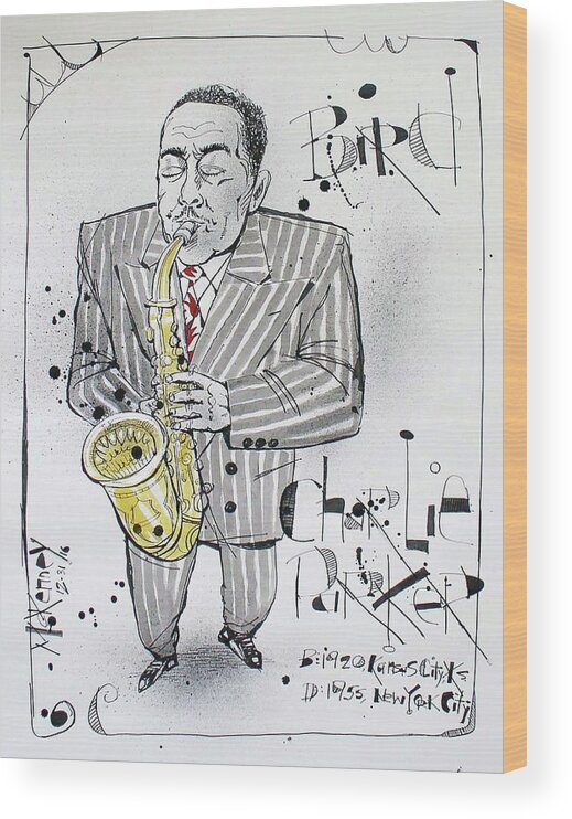  Wood Print featuring the drawing Charlie Parker by Phil Mckenney