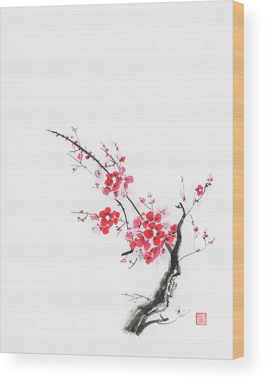 Cherry blossom abstract Japanese Zen painting of Sakura branch w Wood Print  by Awen Fine Art Prints Pixels