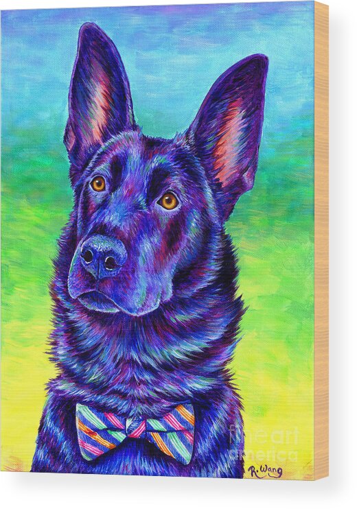 German Shepherd Wood Print featuring the painting Colorful Black German Shepherd Dog by Rebecca Wang