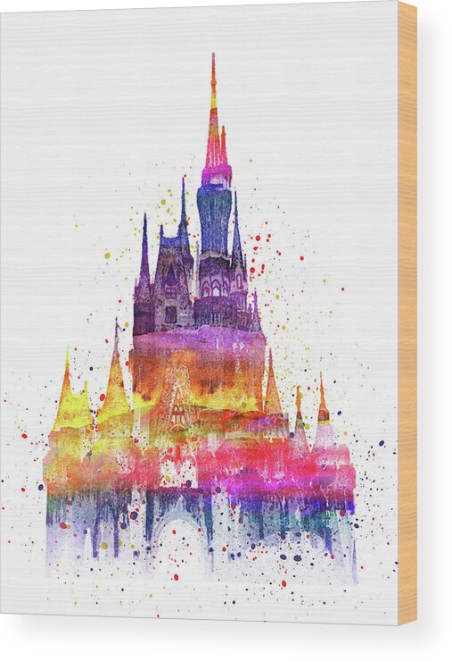 Colorful Disney Castle with splashes Wood Print by Mihaela Pater - Pixels