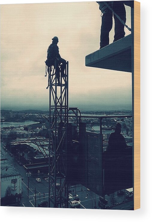 Vancouver Island Wood Print featuring the photograph Construction Worker At Rest High Up In The Air by Silentfoto