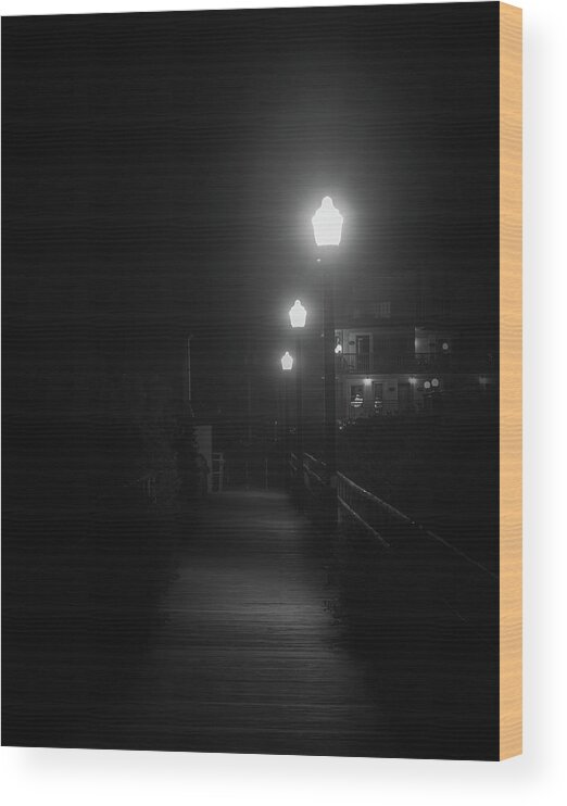 Pier Wood Print featuring the photograph Crest Pier at Night Black and White by Jason Fink