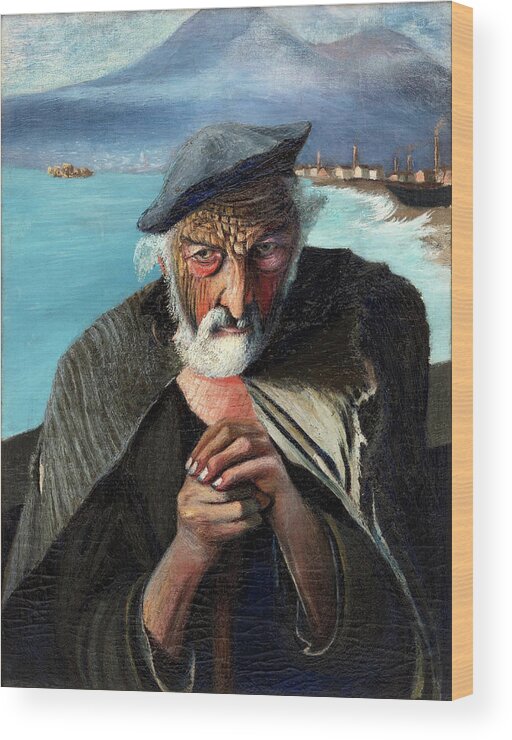 Csontvry Wood Print featuring the painting Csontvary paintings - Old Fisherman, portrait on the sea shore by Csontvary Kosztka Tivadar