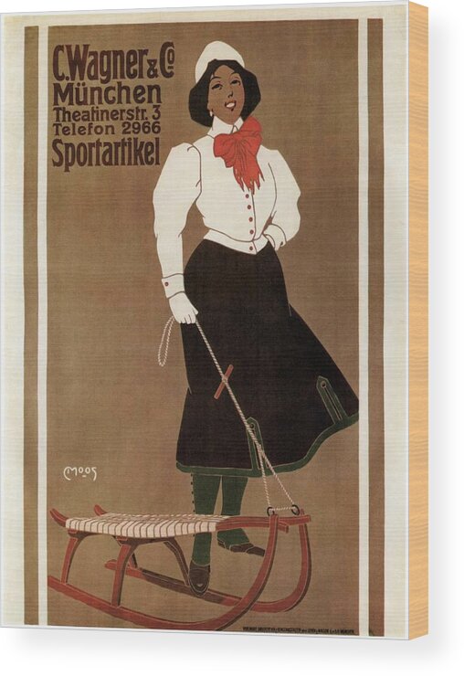 Vintage Poster Wood Print featuring the digital art C.Wagner And Co Munchen Sportartikel - Woman Holding A sledge - Vintage Advertising Poster by Studio Grafiikka