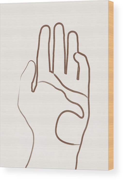 Hand Wood Print featuring the mixed media Destiny is in your hands - Minimal Line Art - Brown by Studio Grafiikka