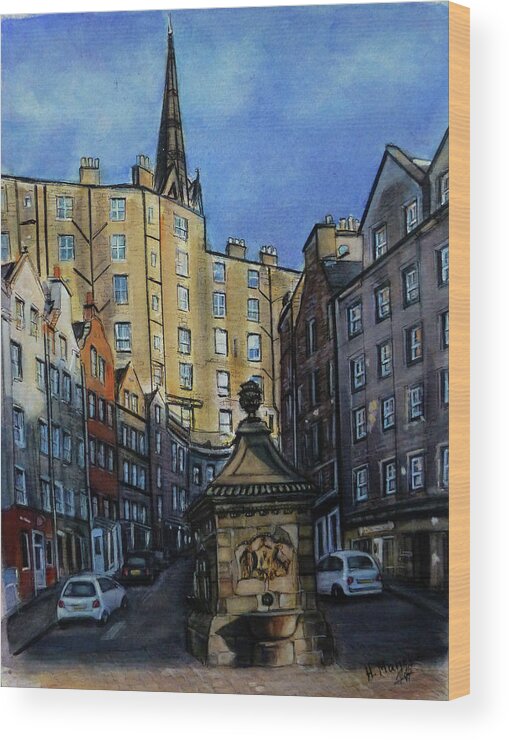 Architecture Wood Print featuring the painting Edinburgh, Victoria Street by Henrieta Maneva