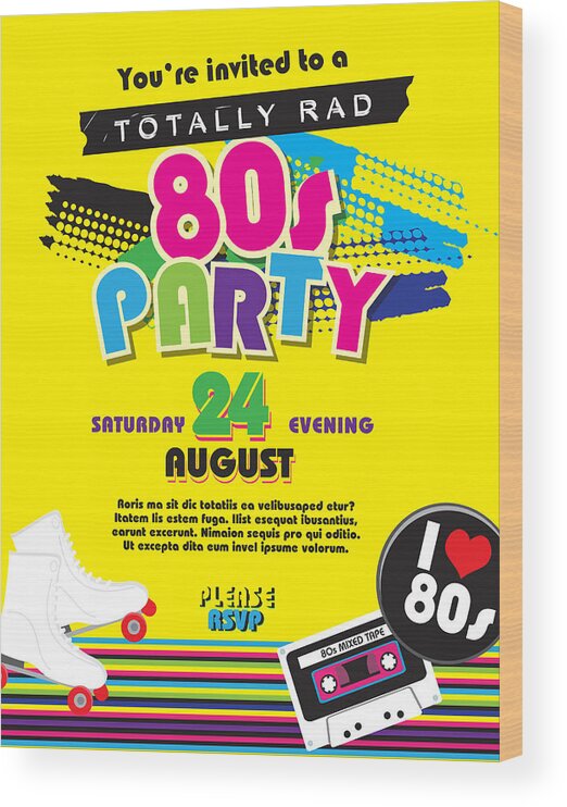 Vector Wood Print featuring the drawing Eighties party themed invitation design template by JDawnInk