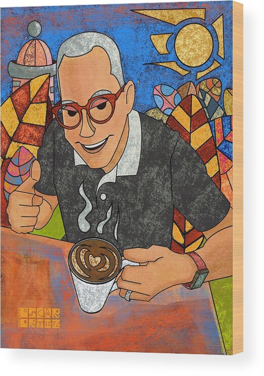 Coffee Wood Print featuring the painting El Artista y Su Mundo by Oscar Ortiz