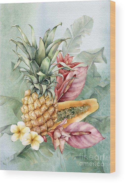 Tropical Flowers Wood Print featuring the digital art Exotic Tropicals Pineapple and Plumeria by J Marielle