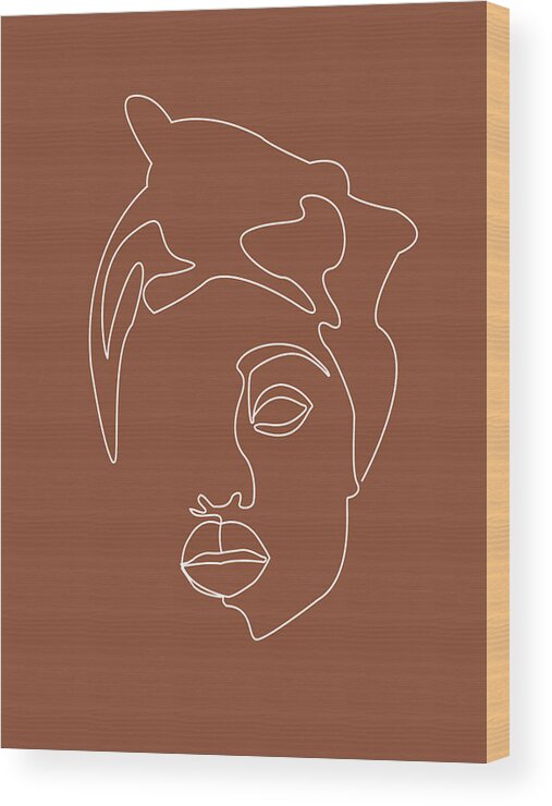 Portrait Wood Print featuring the mixed media Face 04 - Abstract Minimal Line Art Portrait of a Girl - Single Stroke Portrait - Terracotta, Brown by Studio Grafiikka