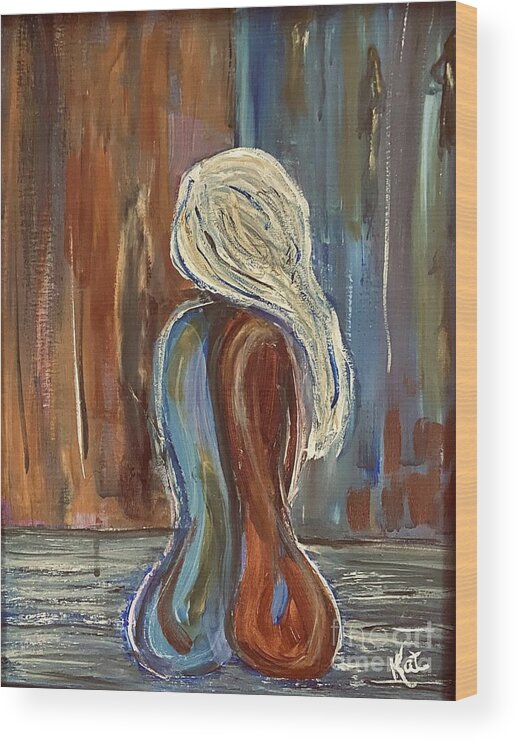 Woman Exposed Red Blue Wood Print featuring the painting Feeling Exposed by Kathy Bee