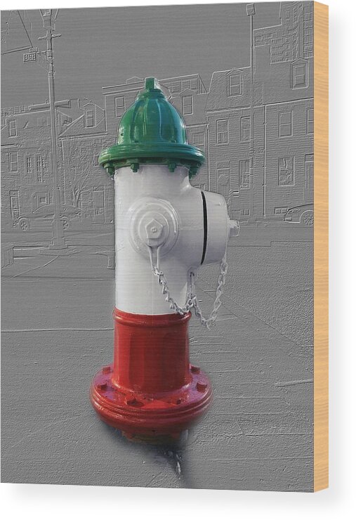 Italy Wood Print featuring the photograph Fire Hydrant in Little Italy Baltimore Maryland - Emboss and colors series by Marianna Mills
