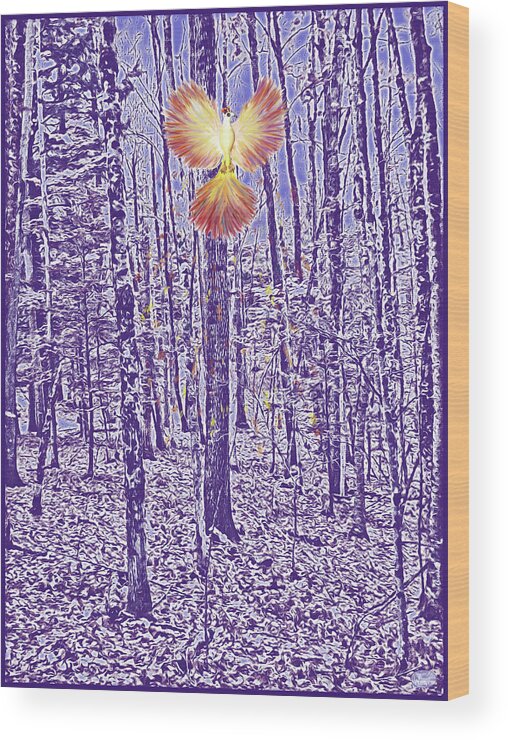 Firebird Wood Print featuring the mixed media Firebird in the Trees by Lise Winne