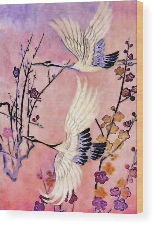 Flight Of The Cranes Wood Print featuring the painting Flight of the Cranes - Kimono Series by Susan Maxwell Schmidt