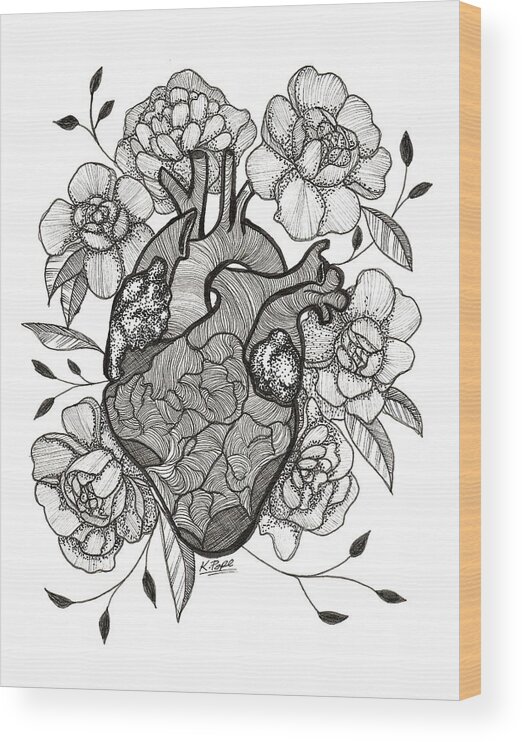 Autonomically Wood Print featuring the mixed media Floral Resilience Autonomically Correct Heart BW by Kathy Pope