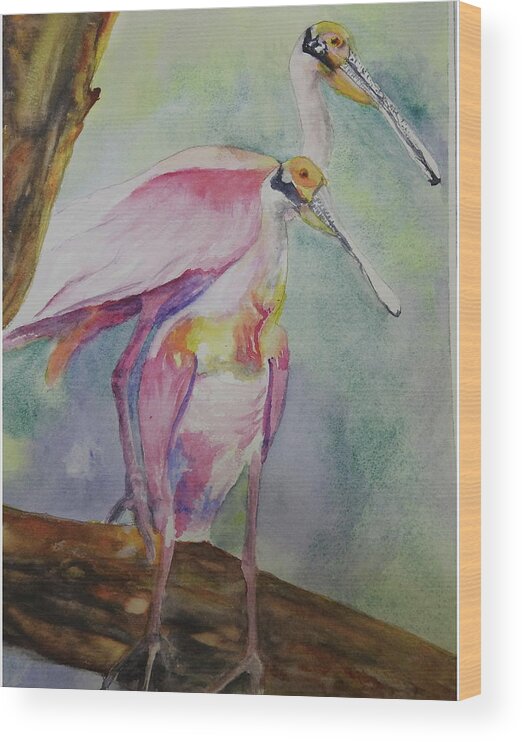 Spoonbill Wood Print featuring the painting Florida Spoonbills by Barbara F Johnson