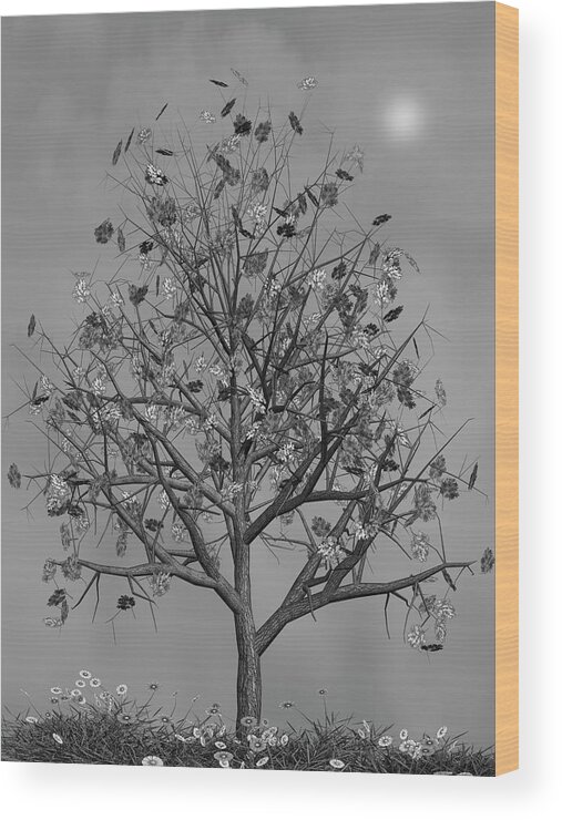 Autumn Wood Print featuring the mixed media Flowers Beneath The Autumn Tree Black and White by David Dehner