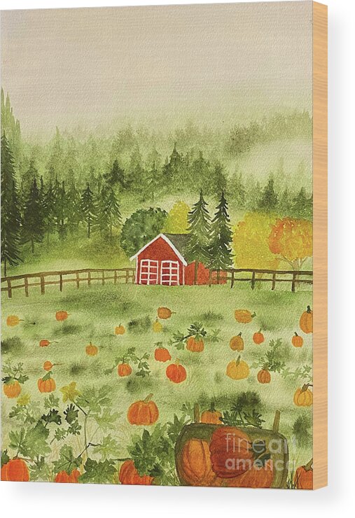 Fall Wood Print featuring the painting Foggy Farm by Lisa Neuman