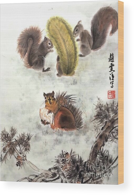 Squirrels Wood Print featuring the painting Four Squirrels In The Neighborhood by Carmen Lam