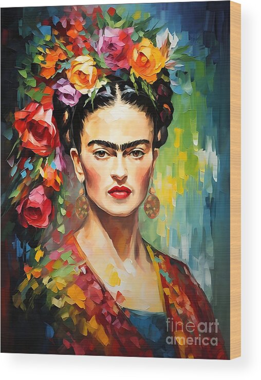 Frida Kahlo Wood Print featuring the painting Frida Kahlo Self Portrait 22 by Mark Ashkenazi