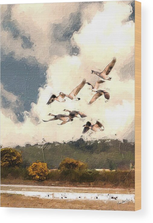 Geese Wood Print featuring the digital art Geese at Corte Madera Marsh, Marin County by David Hardesty