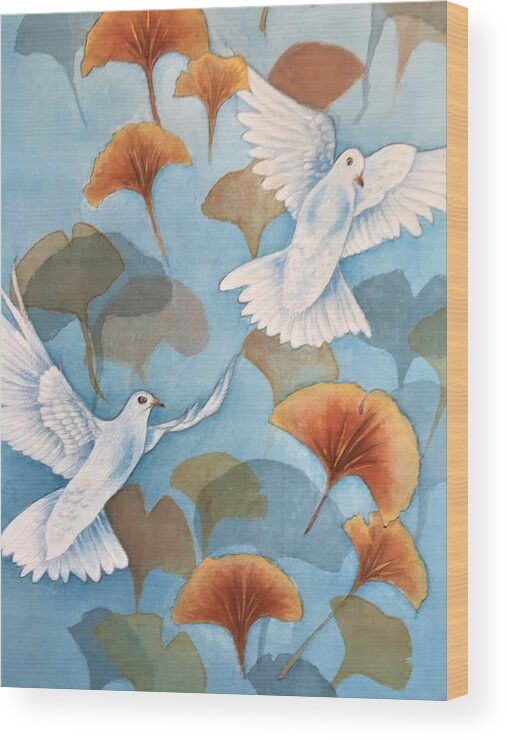 Ginkgo Wood Print featuring the painting Ginkgo and Doves by Vina Yang