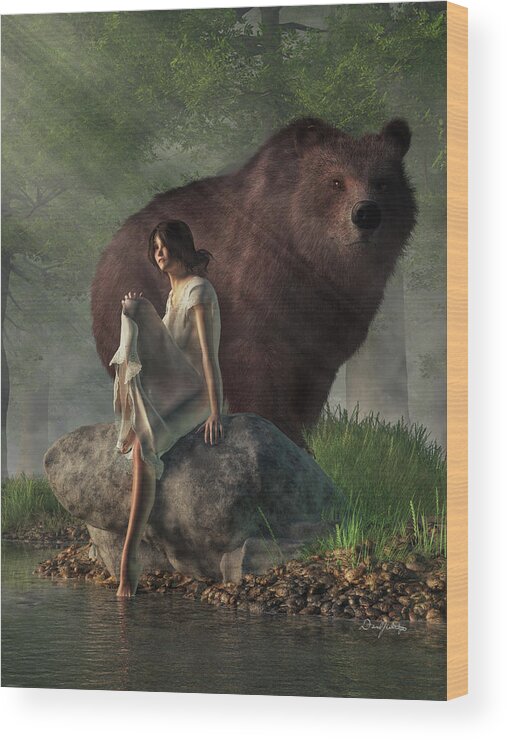 Grizzly Bear Wood Print featuring the digital art Grizzly Bear and Girl in a Nightgown by Daniel Eskridge