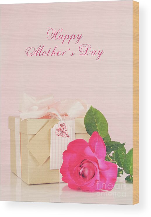 Filter Wood Print featuring the photograph Happy Mothers Day gift of kraft paper gift box with a pink rose by Milleflore Images