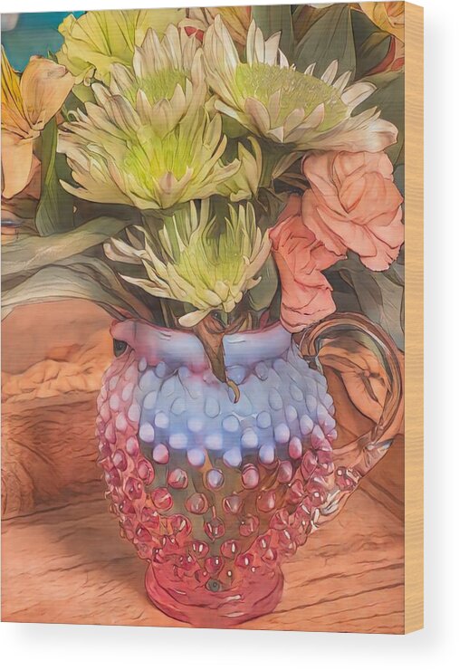 Hobnail Glass Wood Print featuring the mixed media Hobnail Bouquet by Bonnie Bruno