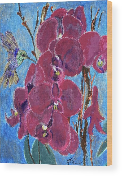 Orchids Wood Print featuring the painting Hummingbird in the Orchids by Melody Fowler