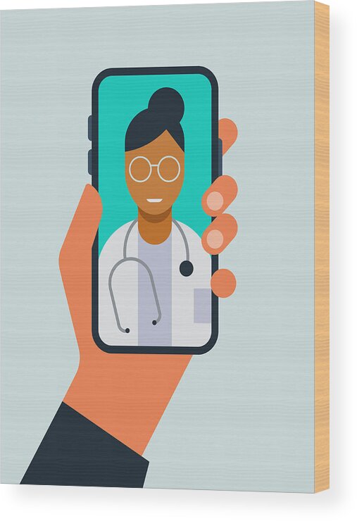Pharmacy Wood Print featuring the drawing Illustration of hand holding smart phone with doctor on screen during telemedicine doctor visit by RLT_Images