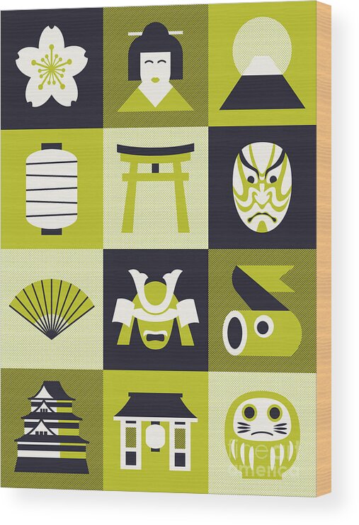 Japan Wood Print featuring the digital art Japan Pattern - Mono Lime by Organic Synthesis