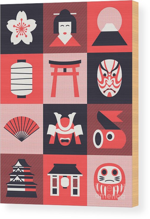 Japan Wood Print featuring the digital art Japan Pattern - Mono Red by Organic Synthesis