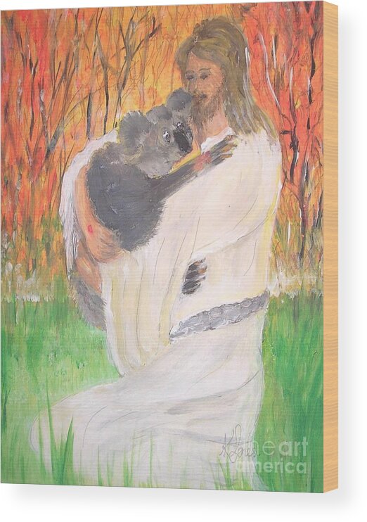 Jesus Christ Wood Print featuring the painting Jesus Holding a Koala Bear by Karen Jane Jones