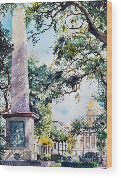 Georgia Wood Print featuring the painting Johnson Square, Savannah GA by Merana Cadorette