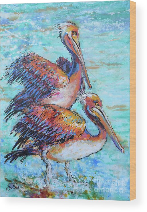 Juvenile Brown Pelican Wood Print featuring the painting Juvenile Pelicans by Jyotika Shroff