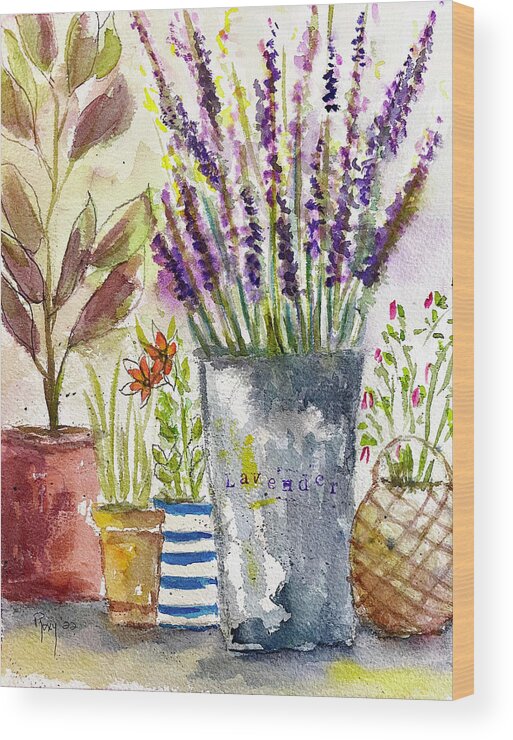 Lavender Wood Print featuring the painting Lavender and Salvia Potted Garden by Roxy Rich