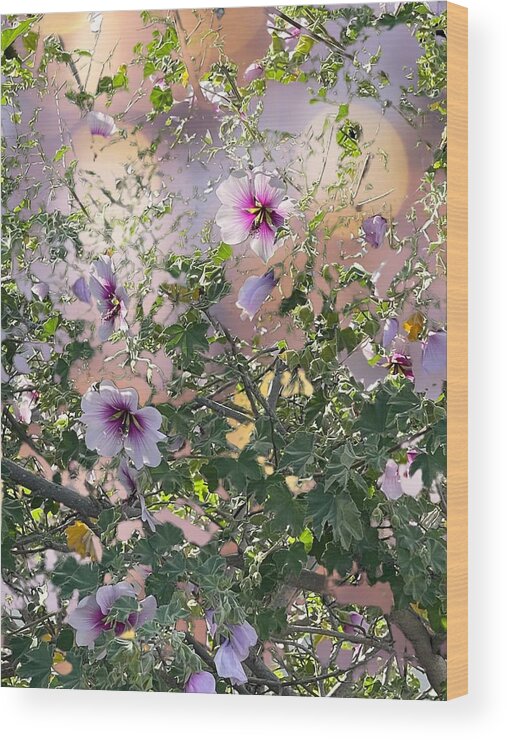 Lavender Purple Green Yellow Ivory Wood Print featuring the digital art Lavender Hibiscus with bokeh background by Kathleen Boyles