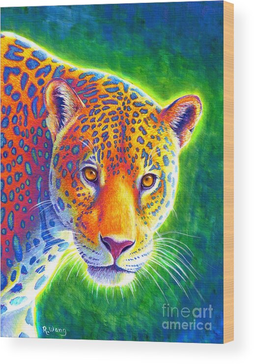 Jaguar Wood Print featuring the painting Light in the Rainforest - Jaguar by Rebecca Wang