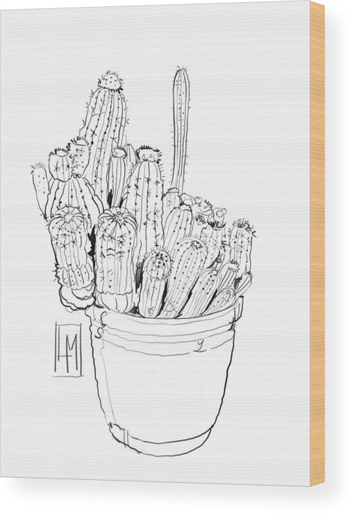 Cactus Wood Print featuring the drawing Line Drawing of A pot of Cactus by Luisa Millicent