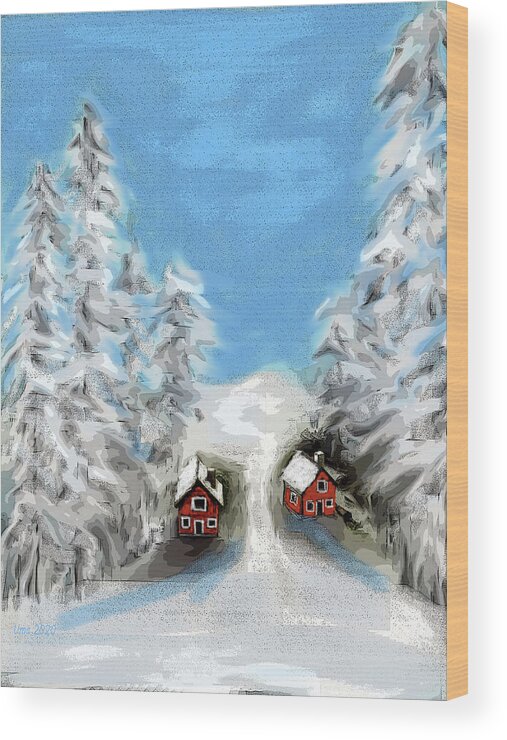 Little Red Cottages In Winter Wood Print featuring the digital art Little Red Cottages In Winter by Uma Krishnamoorthy