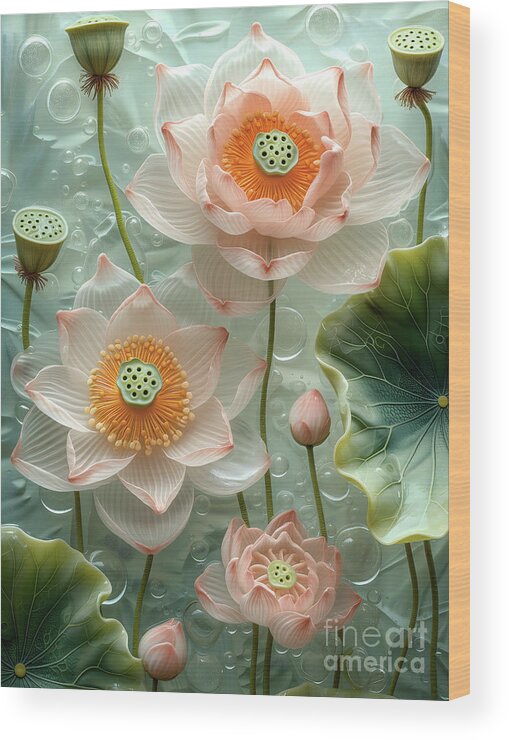 Lotus Wood Print featuring the mixed media Lotus Aqua by Jacky Gerritsen