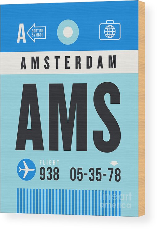 Airline Wood Print featuring the digital art Luggage Tag A - AMS Amsterdam Netherlands by Organic Synthesis