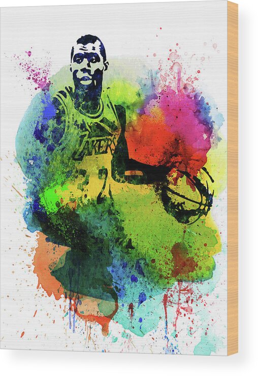 Magic Johnson Wood Print featuring the mixed media Magic Johnson Watercolor by Naxart Studio